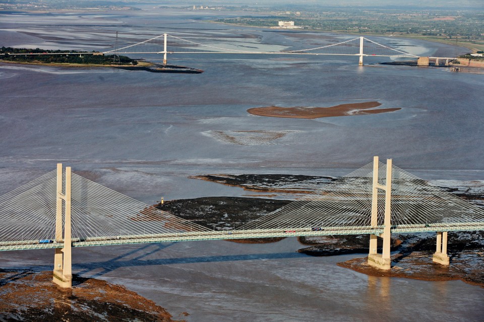 Aerial view of the Severn River bridges in Gloucestershire, England.