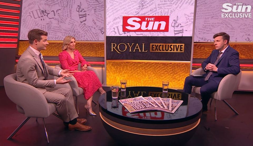 Three people sitting on a talk show set discussing a royal exclusive.