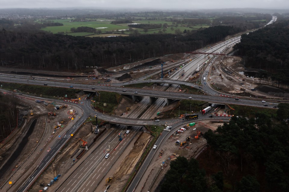 Aerial view of M25 junction 10 construction in London, England.