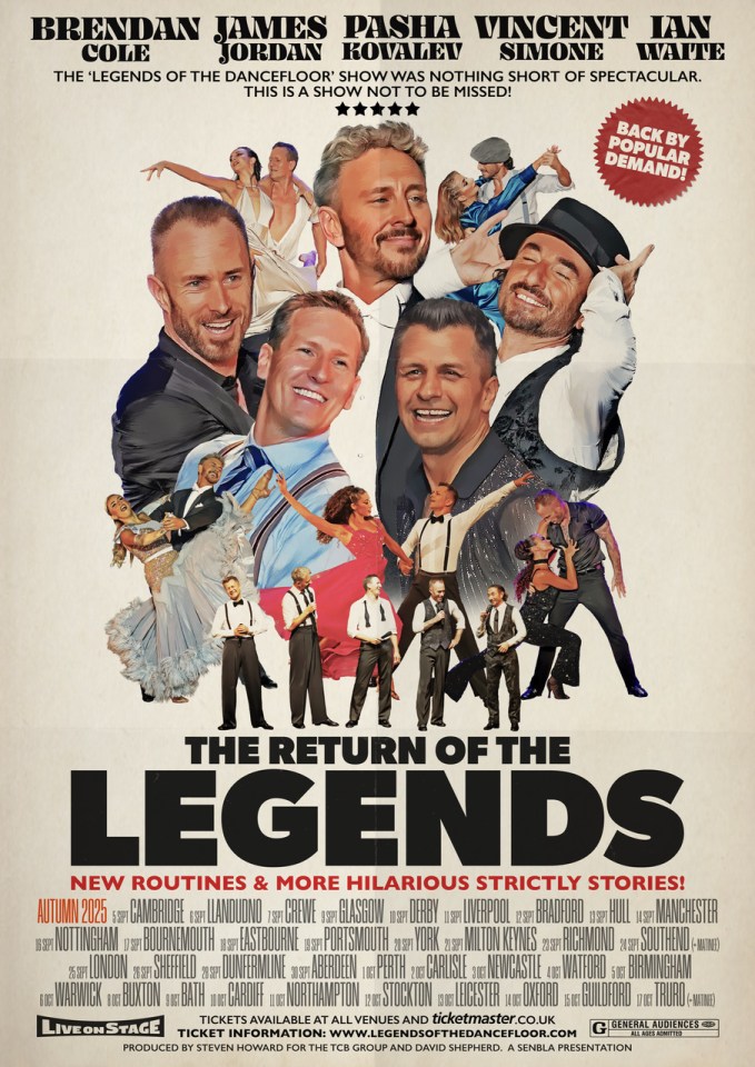 Promotional image for the 2025 tour, "The Return of the Legends," featuring Brendan Cole, James Jordan, Pasha Kovalev, Vincent Simone, and Ian Waite.