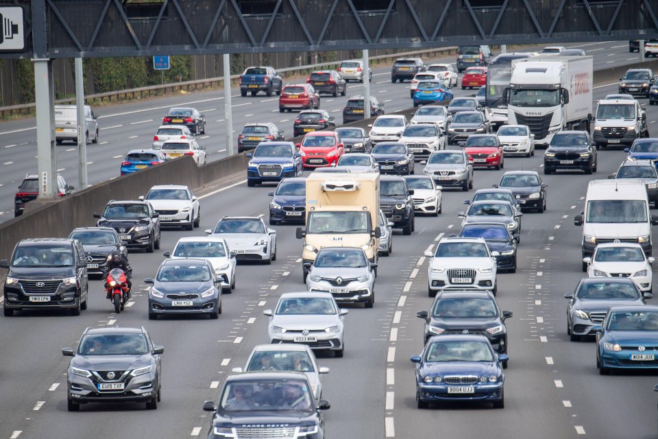 Heavy traffic on the M25 motorway.
