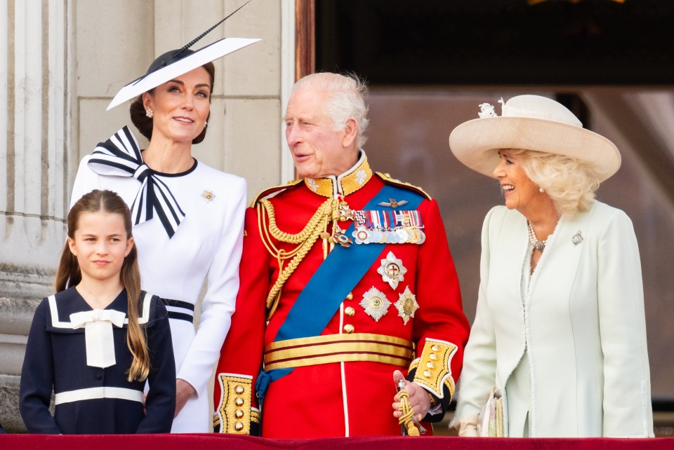 King Charles III, Queen Camilla, Catherine, Princess of Wales, and Princess Charlotte at Trooping the Colour.