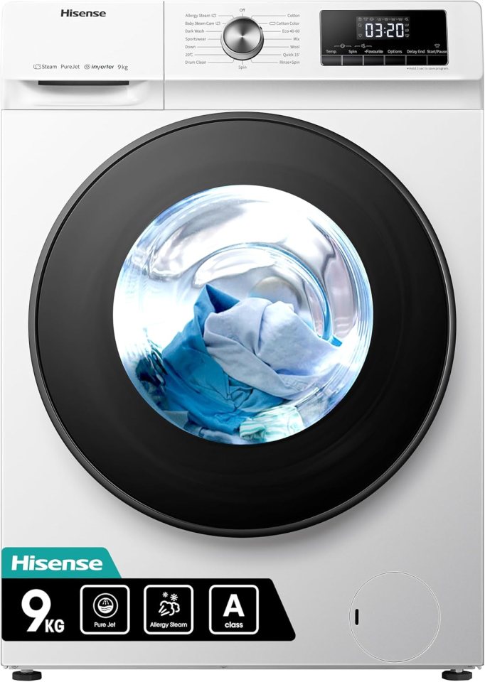 Hisense 9kg front-load washing machine with allergy steam and PureJet features.