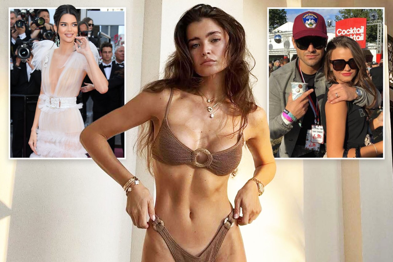 Collage of three photos: Kendall Jenner in a white dress, a woman in a brown bikini, and a couple at a festival.