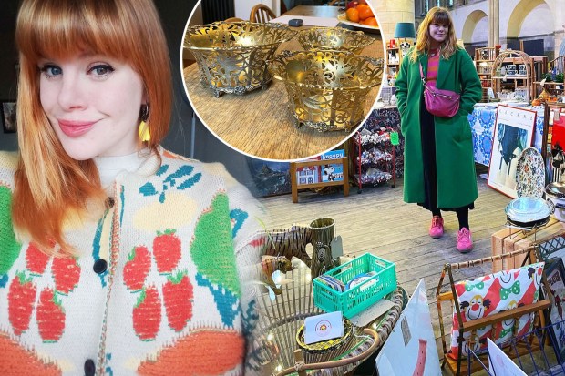 Collage of a woman in a fruit-patterned cardigan, antique gold bowls, and a vintage market stall.