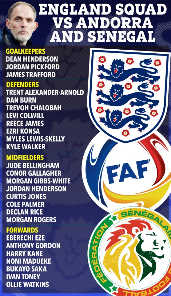 Illustration of the England football squad for matches against Andorra and Senegal.