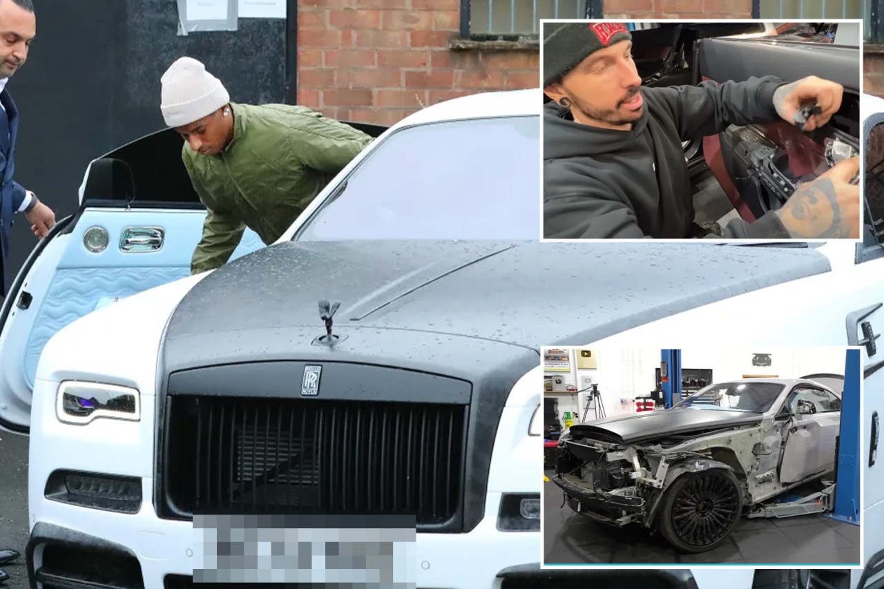Collage showing a Rolls-Royce Wraith being customized, including a before and after of the car's restoration.