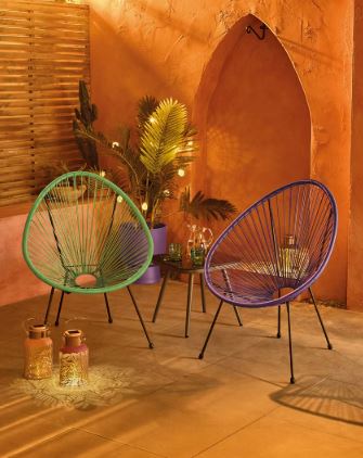 Two colorful patio chairs and a small table on a patio.