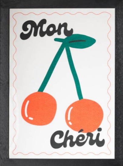 Illustration of two cherries with "Mon Chéri" text.