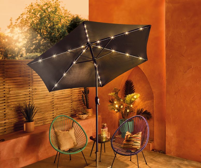 Solar-powered patio umbrella with lights.