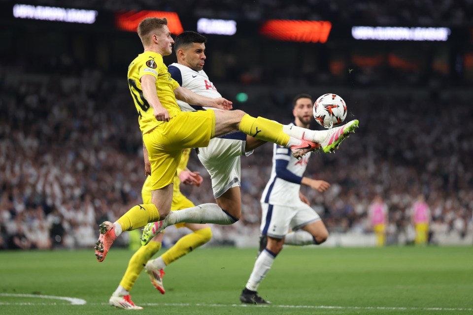 Cristian Romero of Tottenham Hotspur in a soccer match.
