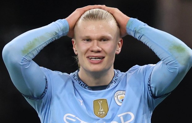 Erling Haaland of Manchester City looking dejected during a soccer match.