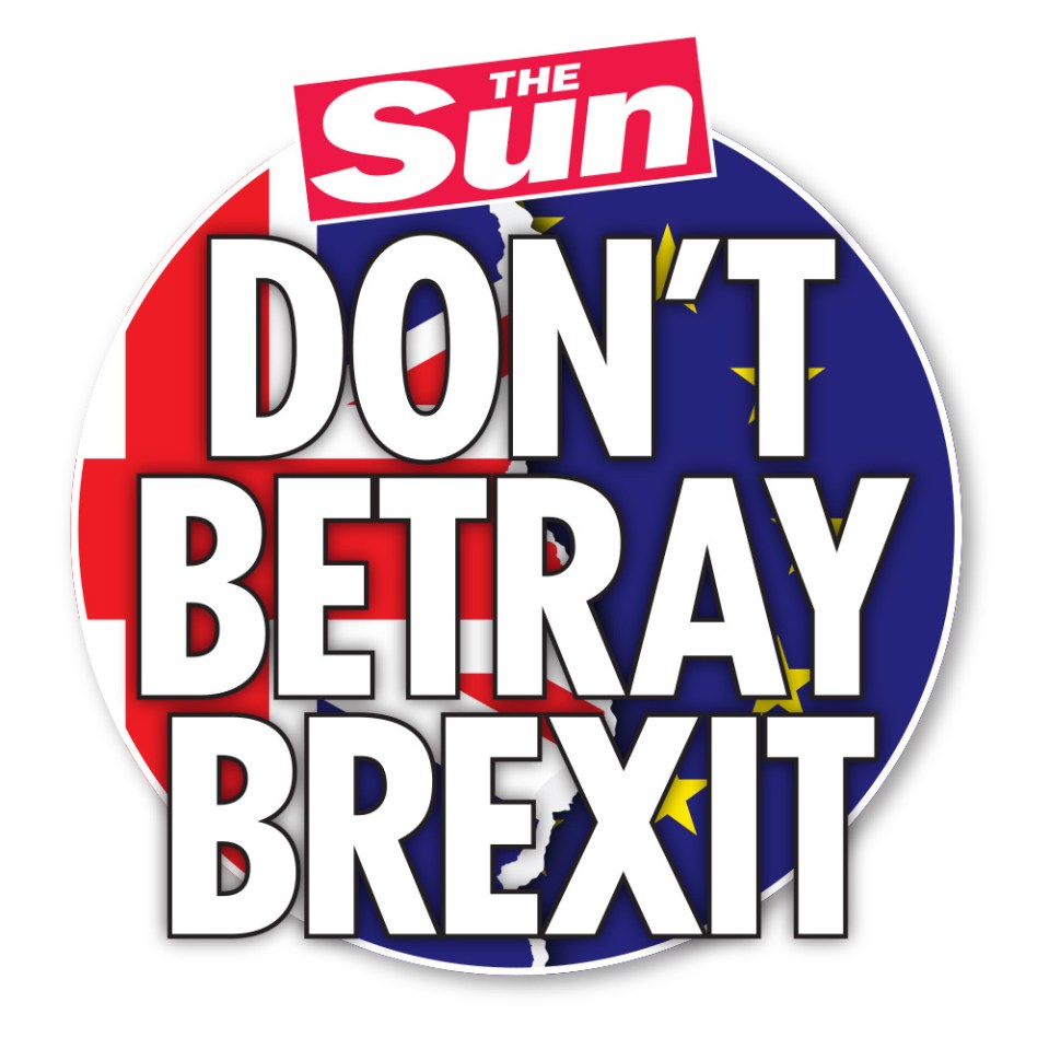 Illustration of The Sun newspaper logo and the phrase "Don't Betray Brexit" on a background of a cracked UK and EU flag.