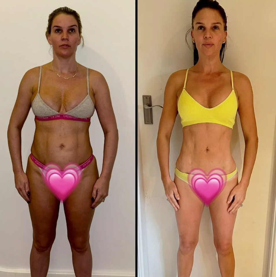Before and after photos of a woman's weight loss.