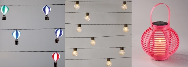 Collage of outdoor lighting options: hot air balloon string lights, globe string lights, and a pink solar lantern.