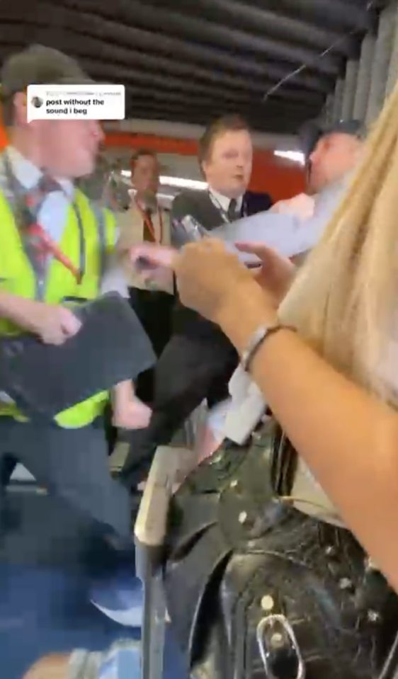 Airport worker removing an abusive passenger from a plane.