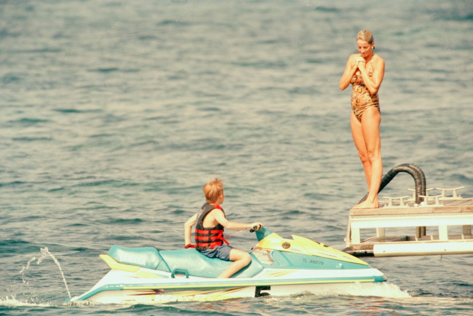 Princess Diana and Prince Harry on a jet ski.