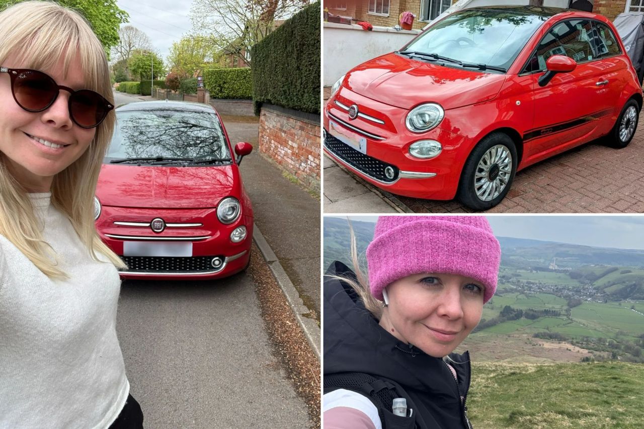 An image collage containing 3 images, Image 1 shows Woman in sunglasses standing next to a red Fiat 500, Image 2 shows Red Fiat 500 parked on a brick driveway, Image 3 shows Woman in pink hat hiking, scenic view in background