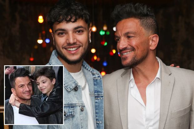An image collage containing 2 images, Image 1 shows Junior Andre and Peter Andre at a VIP screening, Image 2 shows Peter Andre kneeling with his two children on a red carpet