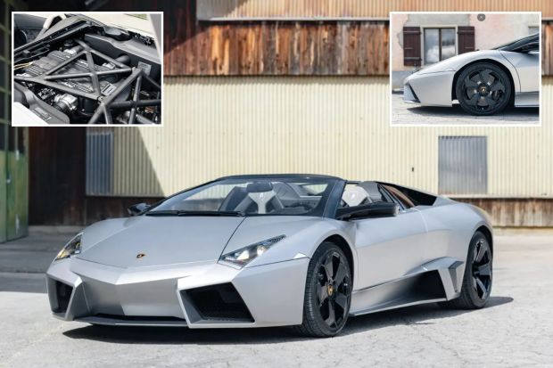 An image collage containing 3 images, Image 1 shows Silver Lamborghini Reventón Roadster, Image 2 shows Close-up of a Lamborghini Reventón Roadster's 6.5-liter V-12 engine, Image 3 shows Close-up of a silver Lamborghini Reventón Roadster's front wheel and side
