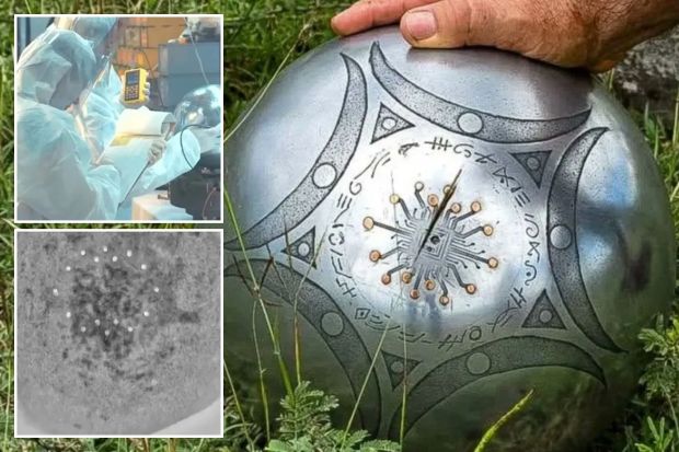 An image collage containing 3 images, Image 1 shows Metallic sphere with etched designs resting in grass, Image 2 shows Radiologists examining a metallic sphere that crash-landed in Buga, Colombia, Image 3 shows X-ray of a spherical UFO that crash-landed in Buga, Colombia