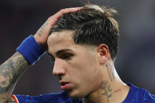 An image collage containing 1 images, Image 1 shows Enzo Fernandez of Chelsea looking disappointed