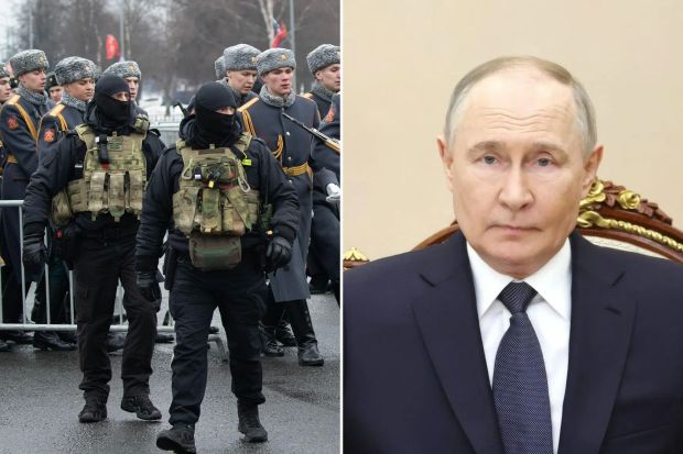 An image collage containing 2 images, Image 1 shows Federal security service officers at a funeral ceremony, Image 2 shows Vladimir Putin at a meeting in the Kremlin