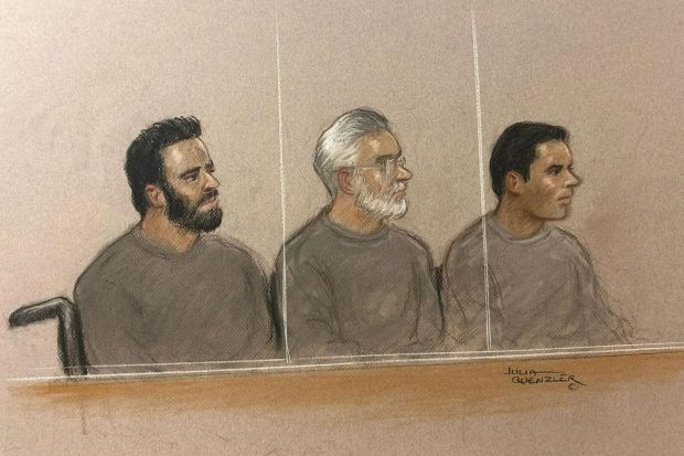 An image collage containing 1 images, Image 1 shows Illustration of three men in court