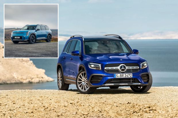 An image collage containing 2 images, Image 1 shows Blue Mercedes-Benz GLB parked on a rocky surface overlooking the ocean, Image 2 shows Blue Kia EV9 parked on a gravel road