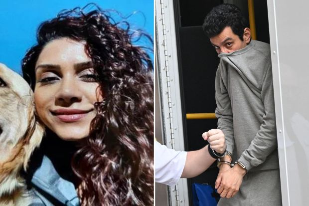 An image collage containing 2 images, Image 1 shows Photo of Paria Veisi with a dog, Image 2 shows Alireza Askari, handcuffed, appearing in court