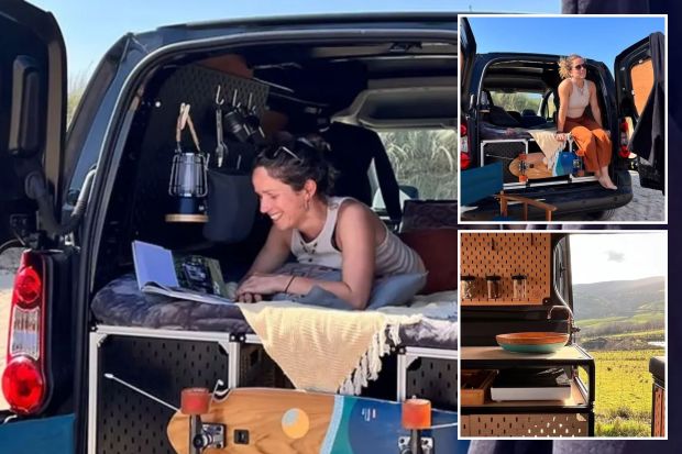 An image collage containing 3 images, Image 1 shows Woman relaxing in a camper van, reading a book, Image 2 shows Woman sitting in the back of a camper van with a skateboard, Image 3 shows Van conversion camper kitchen with sink and scenic view