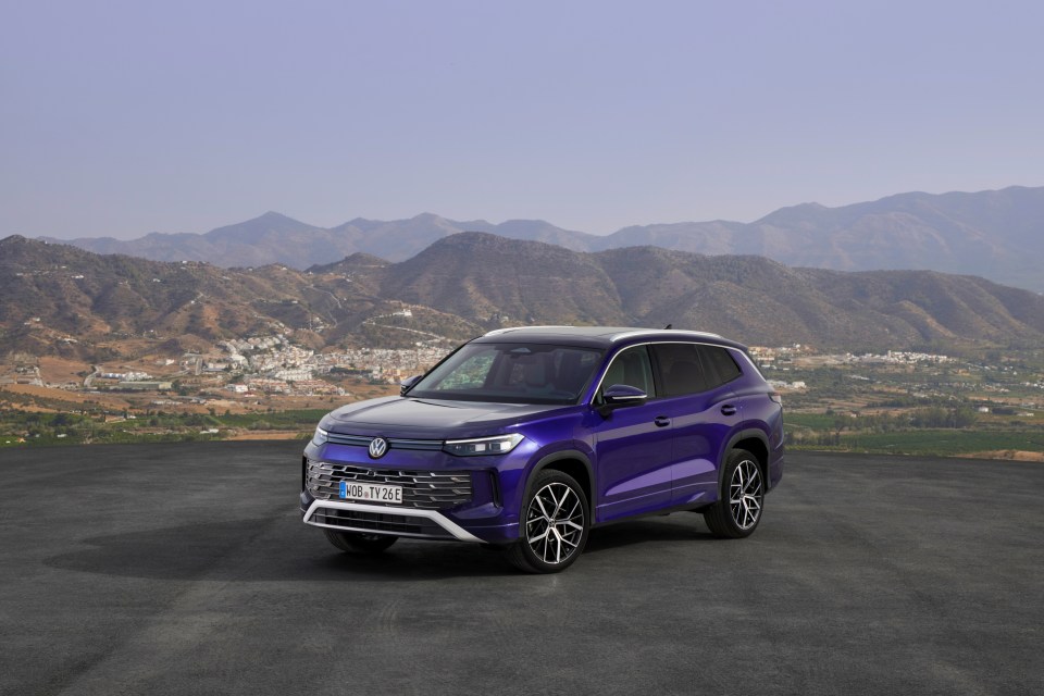 Purple Volkswagen Tayron SUV parked on a hilltop overlooking a town and mountains.
