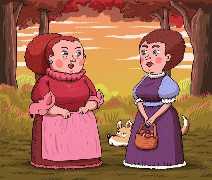 Illustration of two women and two dogs in a forest.