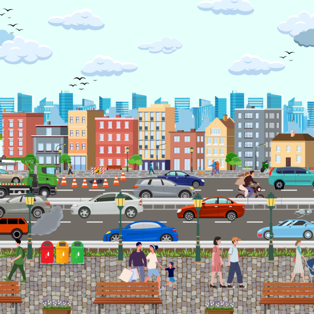 Illustration of a busy city street with pedestrians and cars, including five hazards.