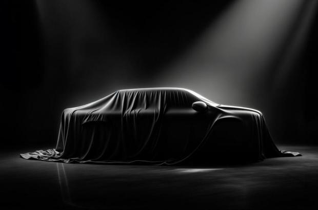 A car covered by a black cloth.
